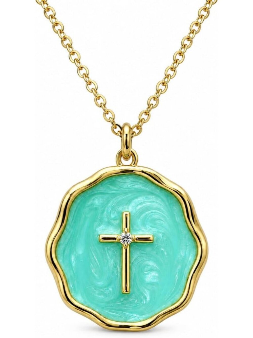 Women's 18K Gold Green Plated Enamel Cross Necklace Christian Religious Pendant